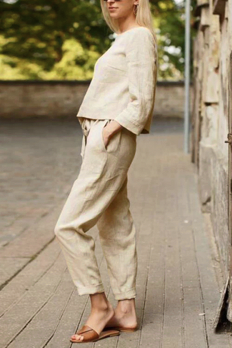 100% Cotton Linen Monochrome 2 Piece Set beige image 5 