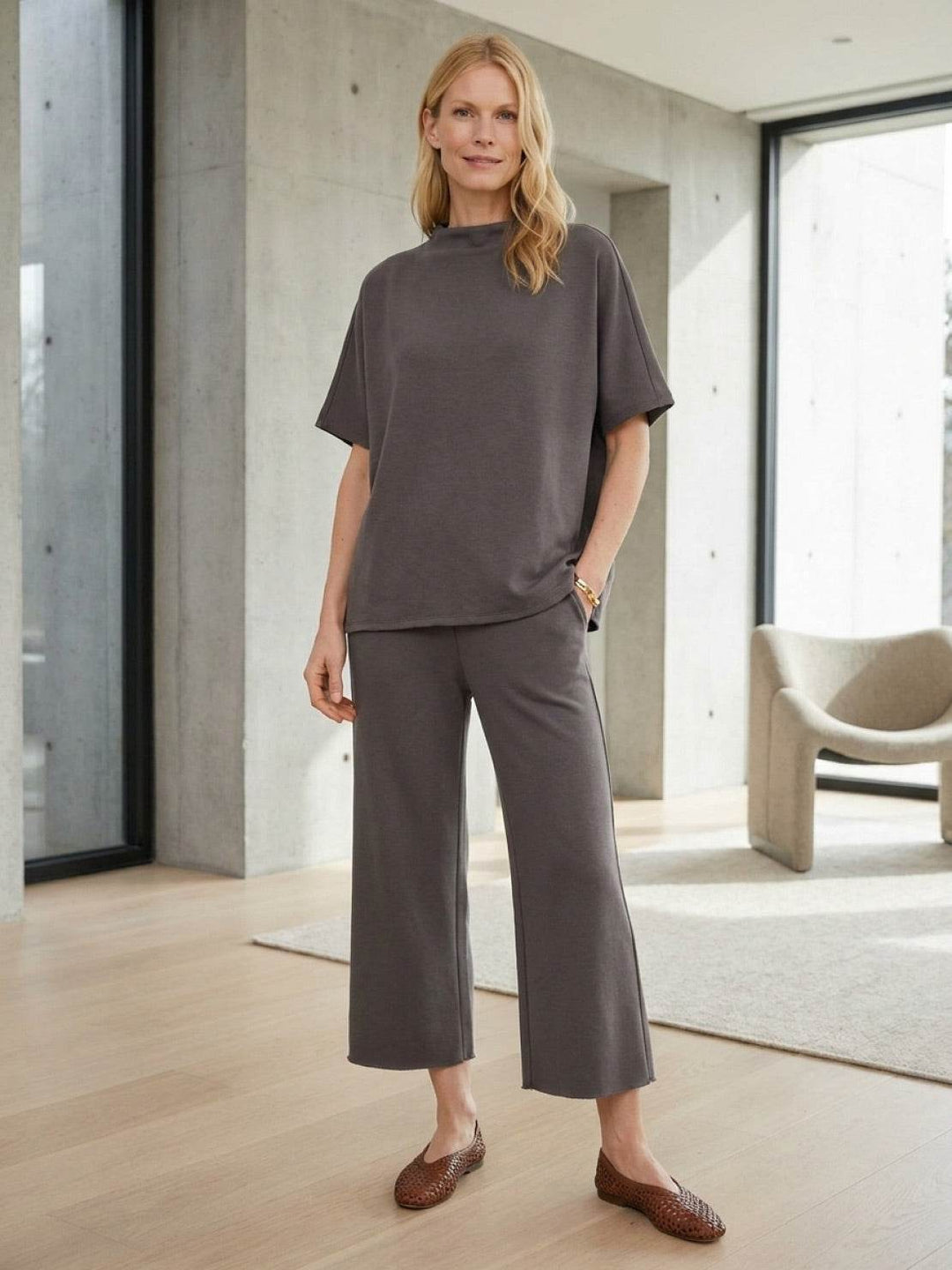 Cotton-Blend Capelet Lounge Set gray image 2 