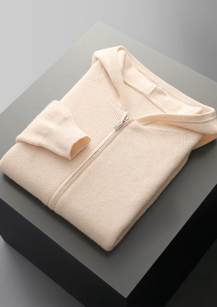Pure Merino Light Gray Ribbed Zip Hoodie light beige image 1 #color_light-beige