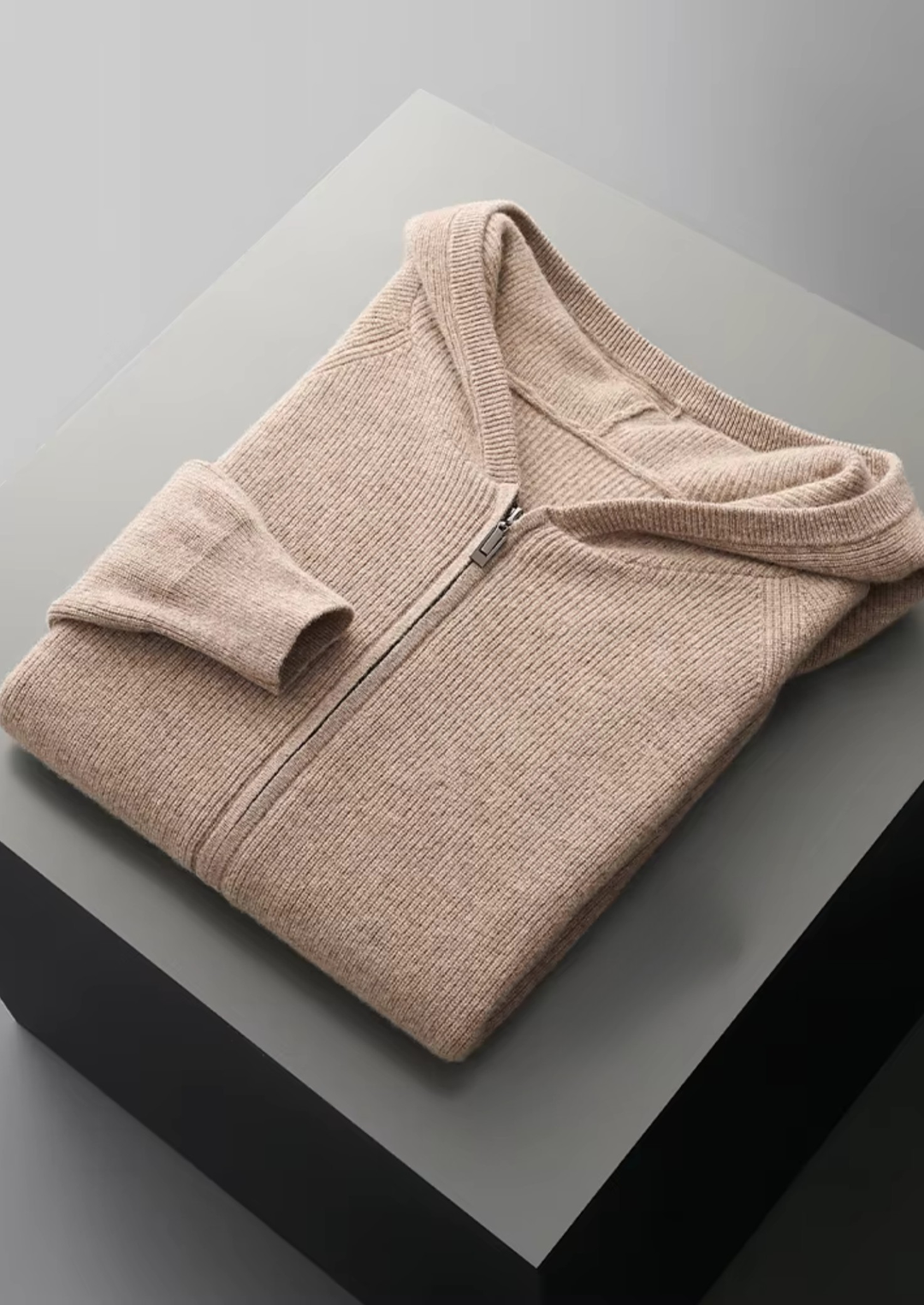 Pure Merino Light Gray Ribbed Zip Hoodie camel image 1 #color_camel