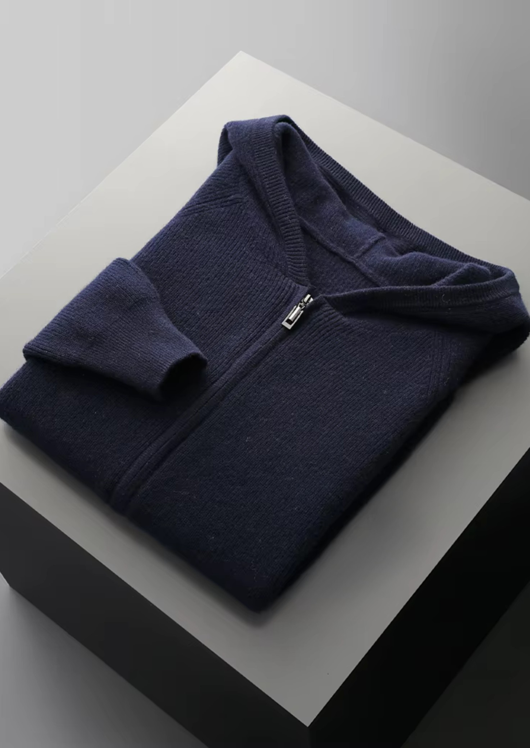 Pure Merino Light Gray Ribbed Zip Hoodie navy blue image 1 #color_navy-blue