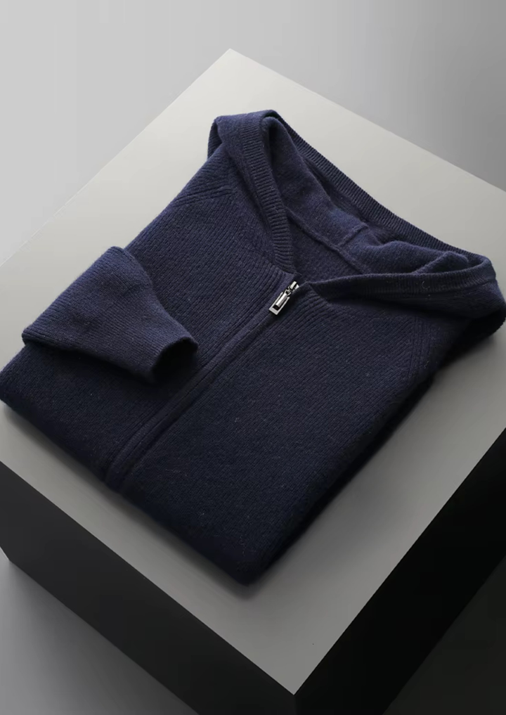 Pure Merino Light Gray Ribbed Zip Hoodie navy blue image 1 #color_navy-blue