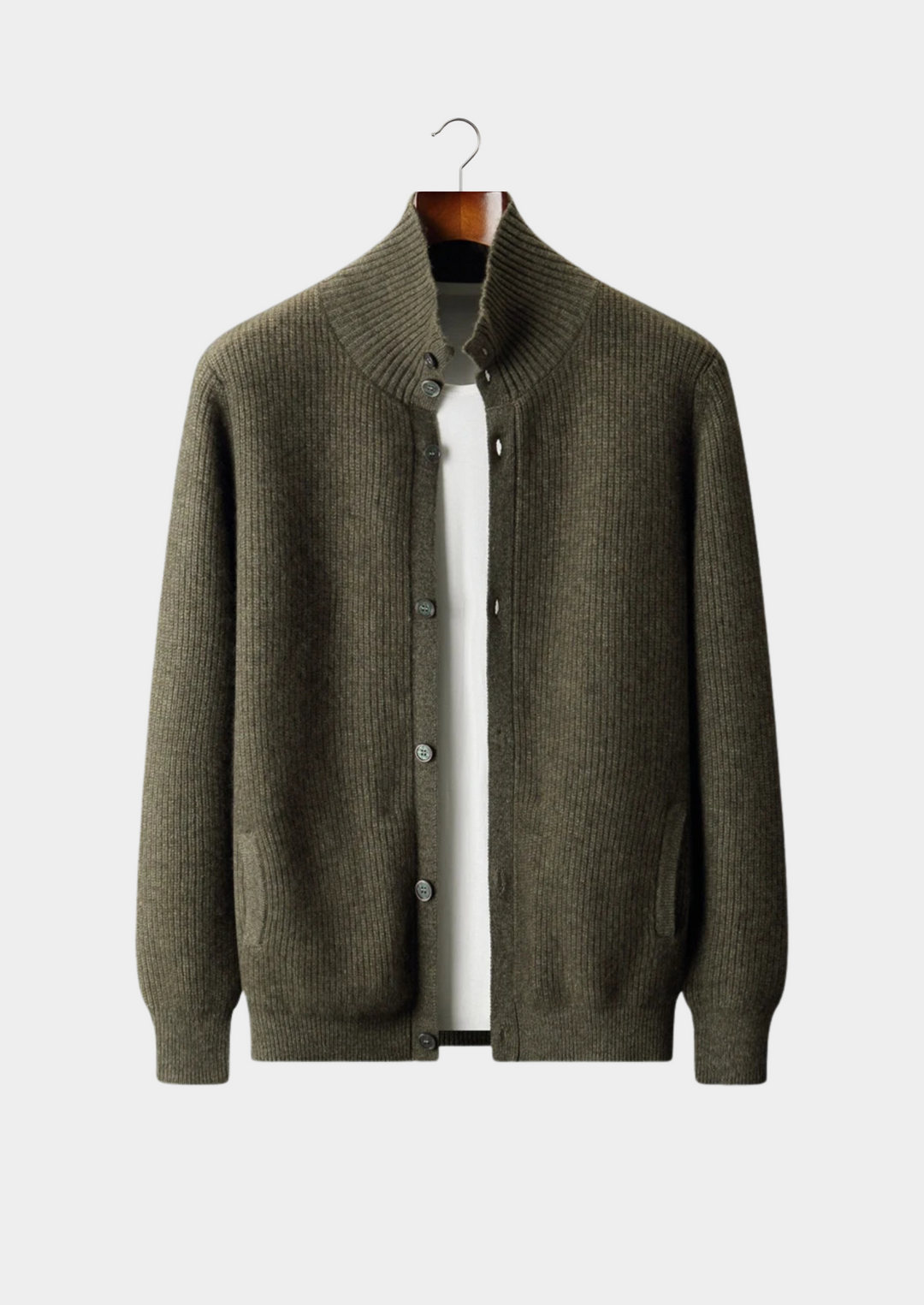 Cashmere Ribbed High Collar Cardigan olive image 1 #color_olive