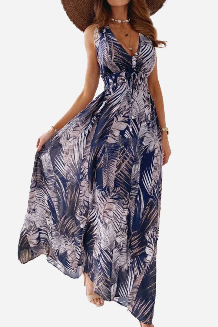 Casual Sleeveless Print Strap Dress feather leaf blue image 1 