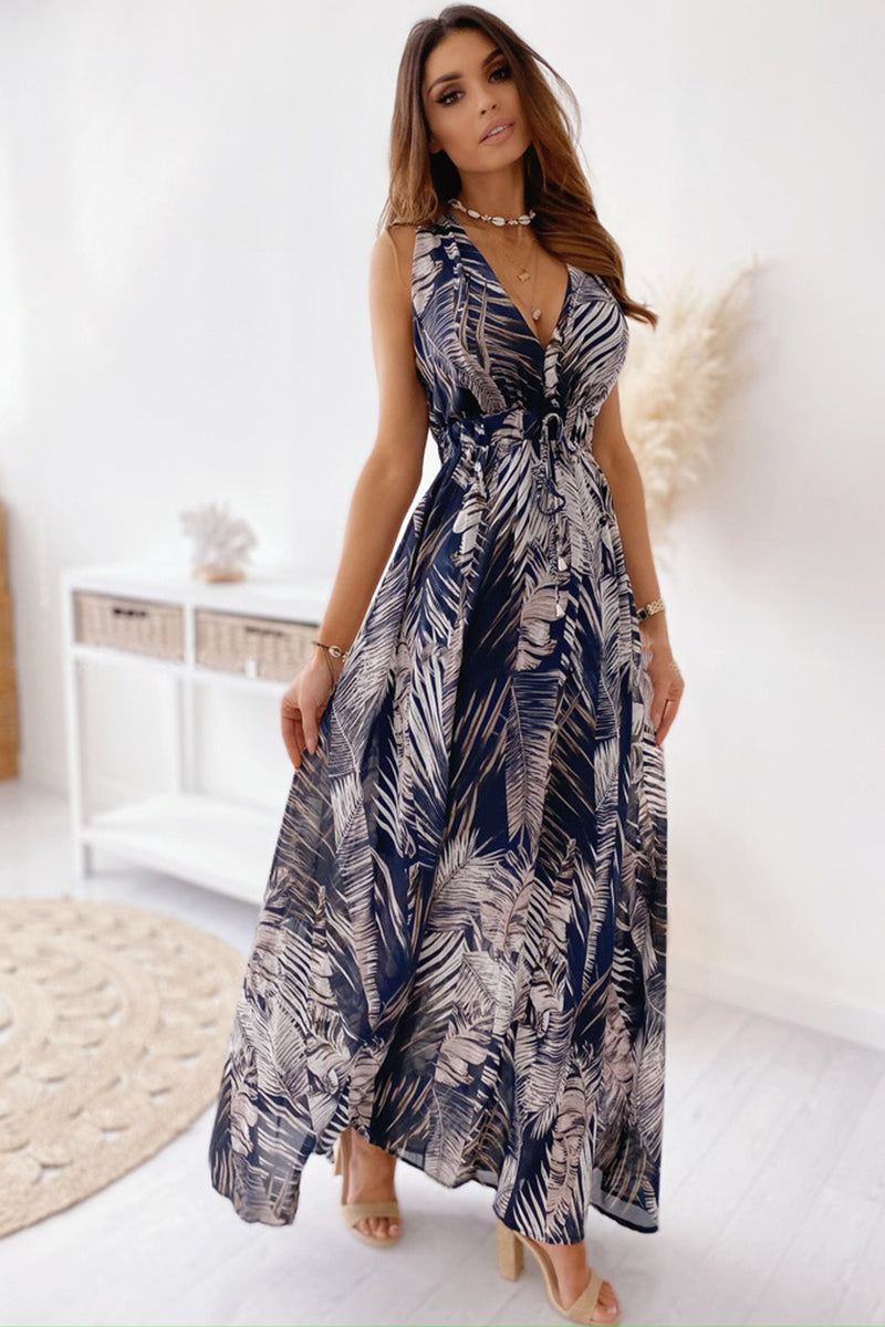 Casual Sleeveless Print Strap Dress feather leaf blue image 3 