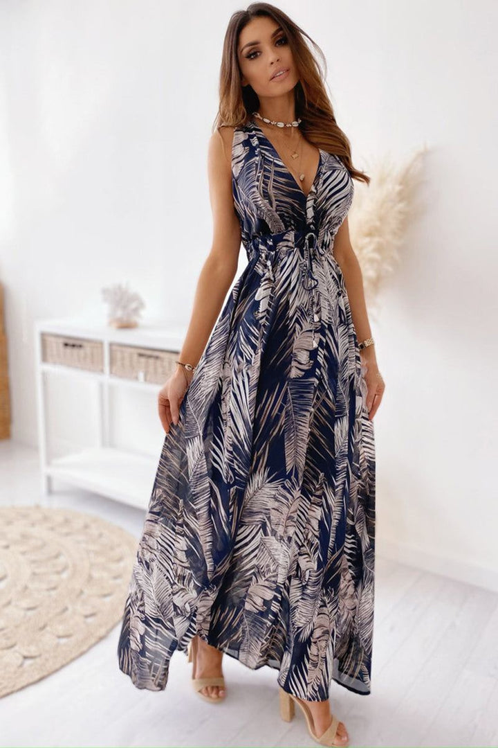 Casual Sleeveless Print Strap Dress feather leaf blue image 3 