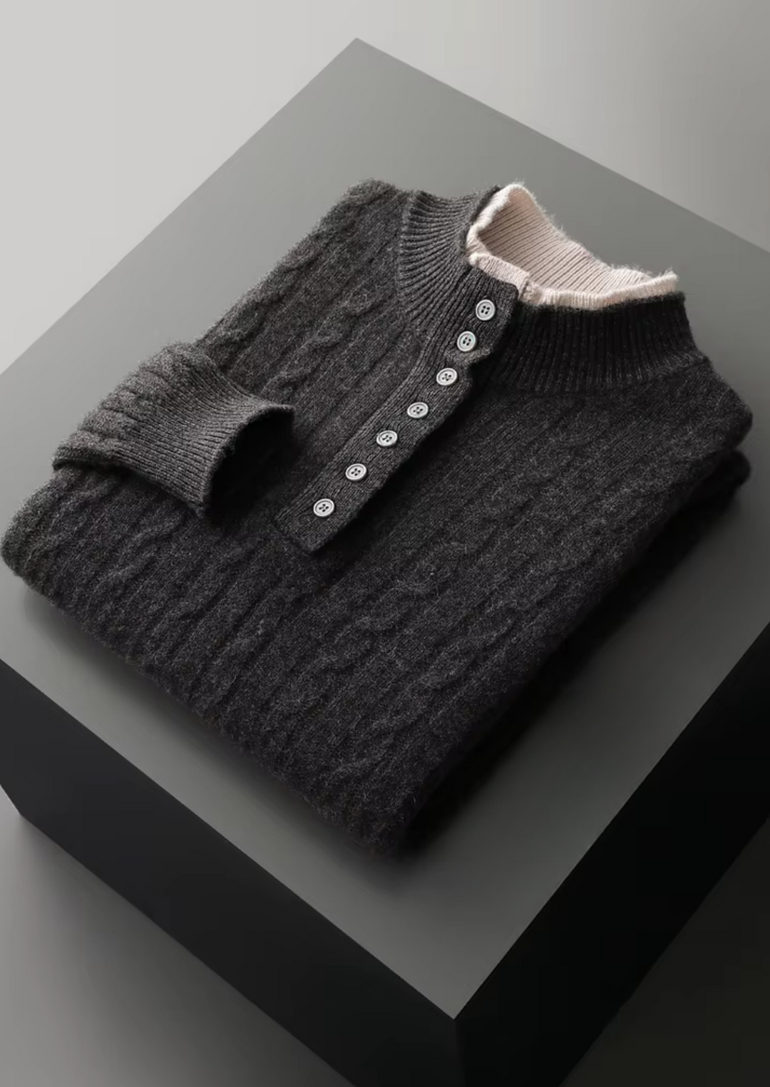 Pure Merino Cable Knit Button Sweater dark gray image 2 #color_dark-gray