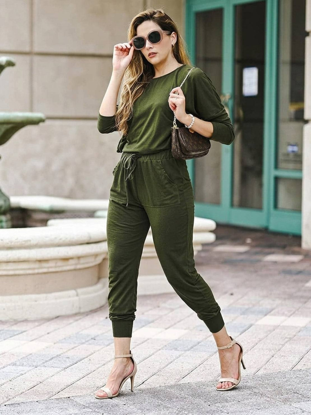 Cozy Chic Two-Piece Sweatsuit Set army green image 3 