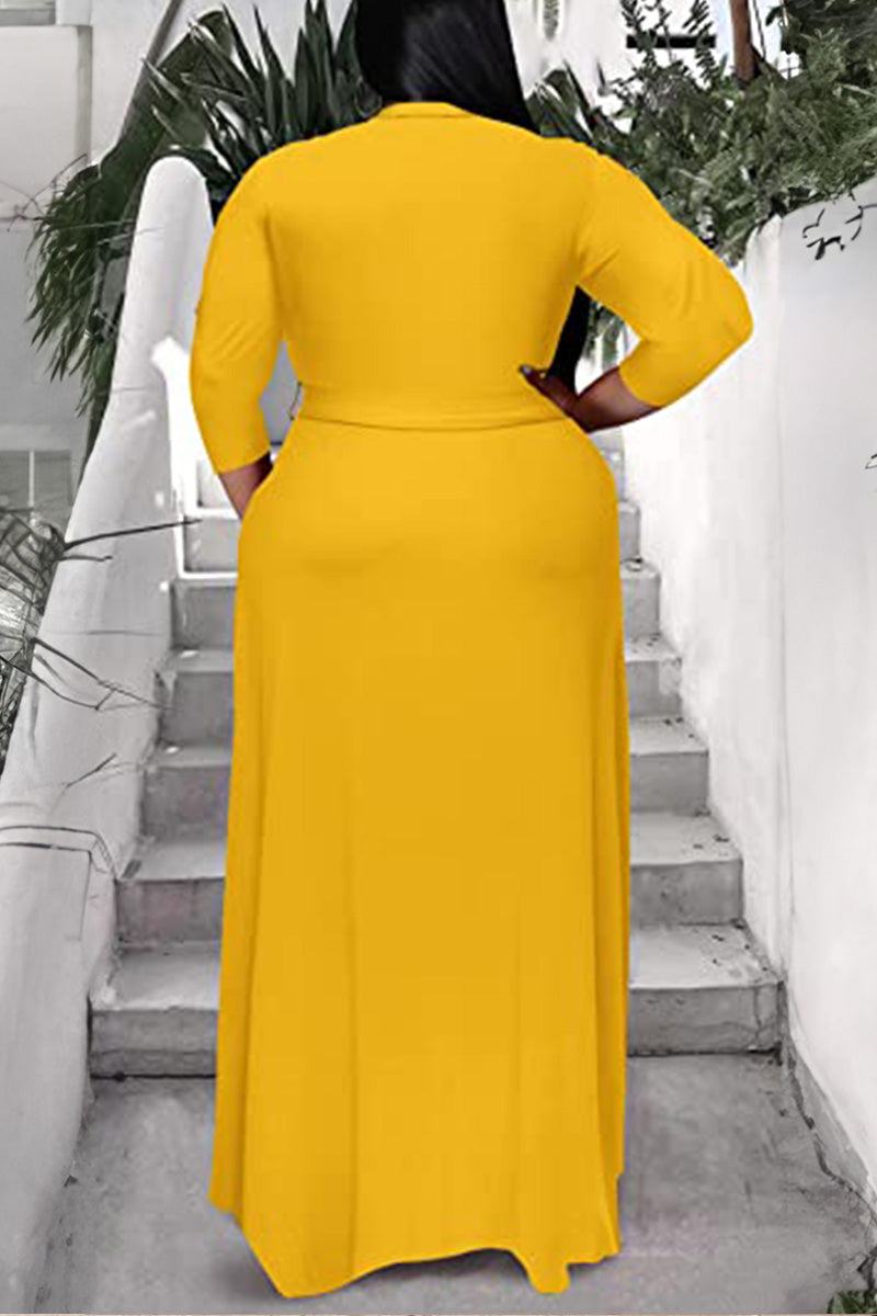 Elegant Plus Size Belted Dress yellow image 3 