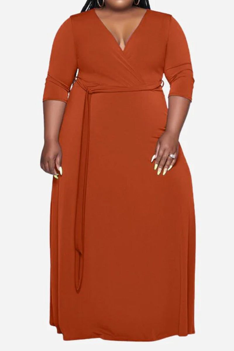 Elegant Plus Size Belted Dress rusty orange image 1 