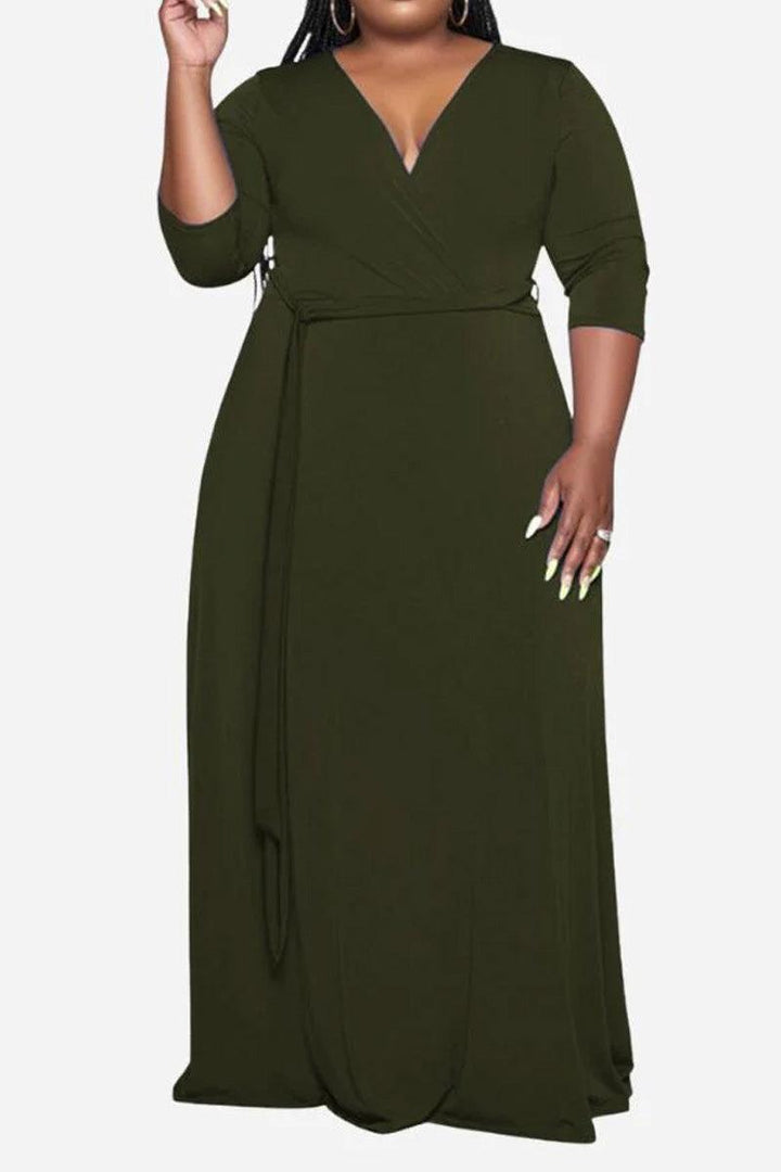 Elegant Plus Size Belted Dress army green image 4 