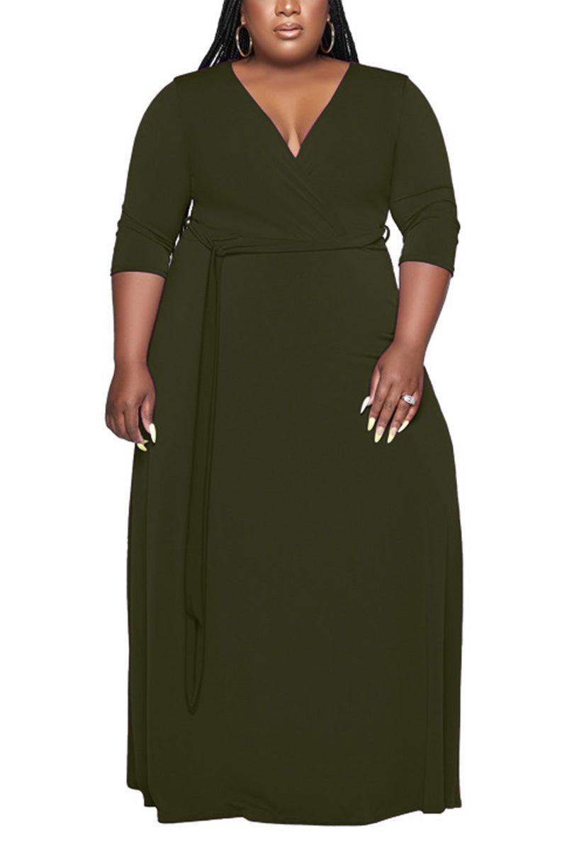 Elegant Plus Size Belted Dress army green image 5 