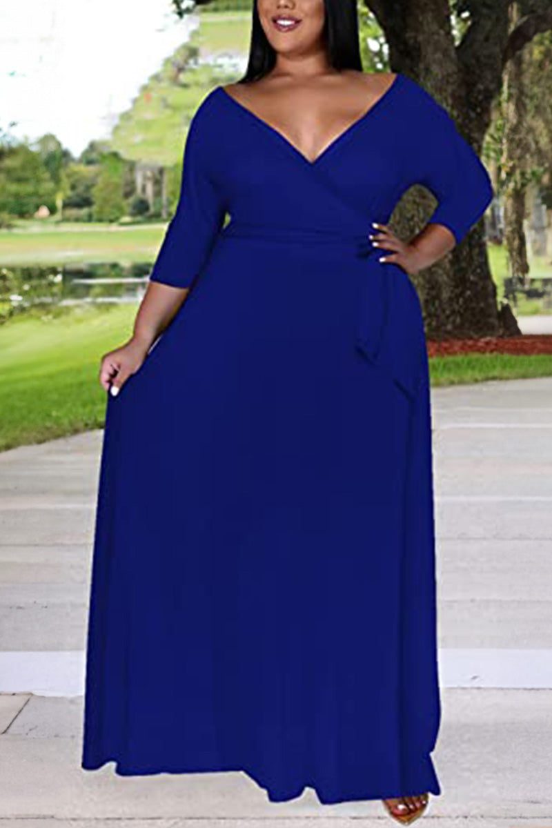 Elegant Plus Size Belted Dress royal blue image 2 