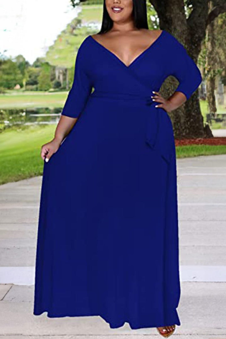 Elegant Plus Size Belted Dress royal blue image 2 