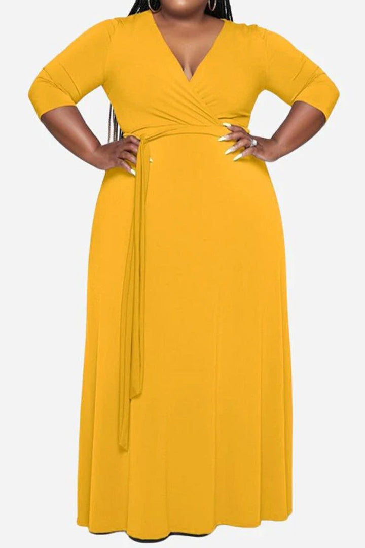 Elegant Plus Size Belted Dress yellow image 1 
