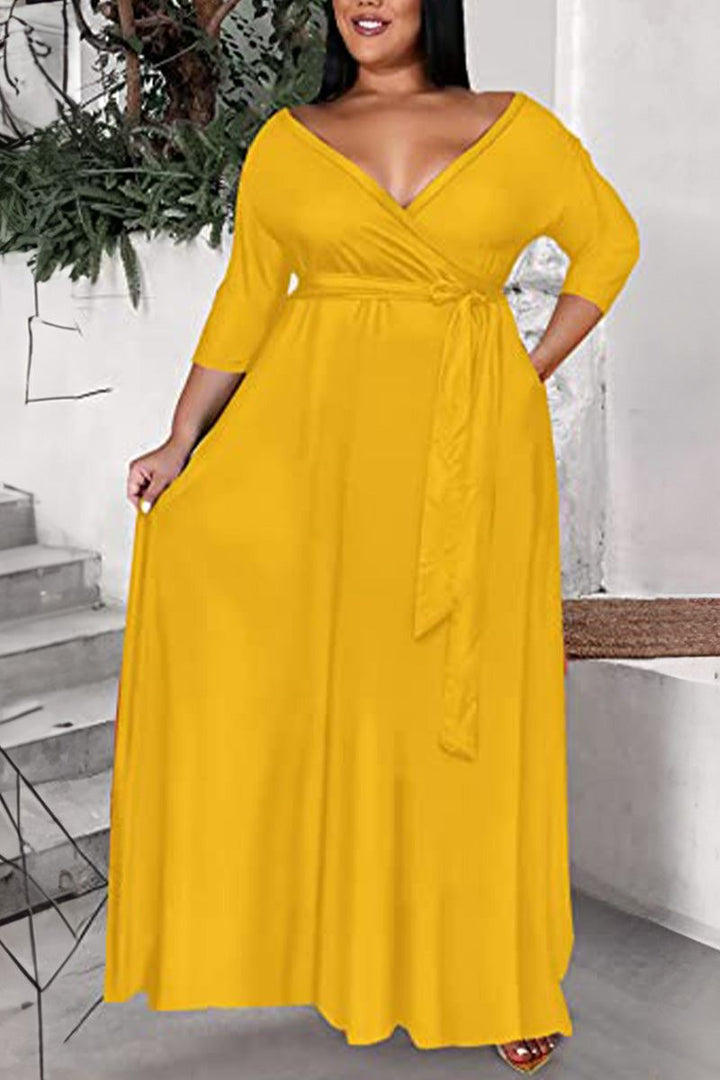 Elegant Plus Size Belted Dress yellow image 2 