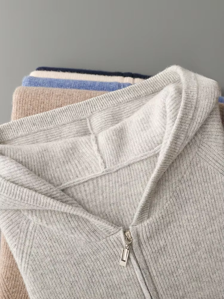 Pure Merino Light Gray Ribbed Zip Hoodie light beige image 2 #color_light-beige