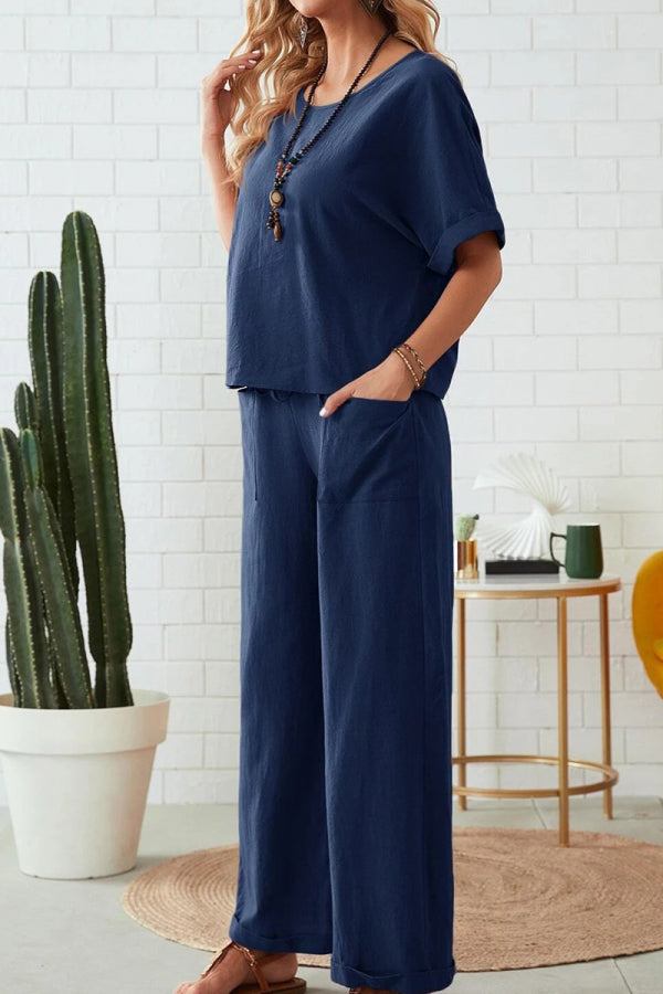 Classy &amp; Laid Back Lifestyle: Rolled Cuff Top And Patch Pocket Pants Set navy blue image 2 
