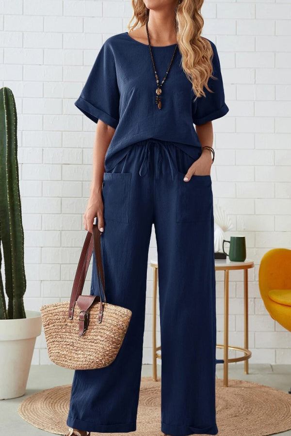 Classy &amp; Laid Back Lifestyle: Rolled Cuff Top And Patch Pocket Pants Set navy blue image 3 