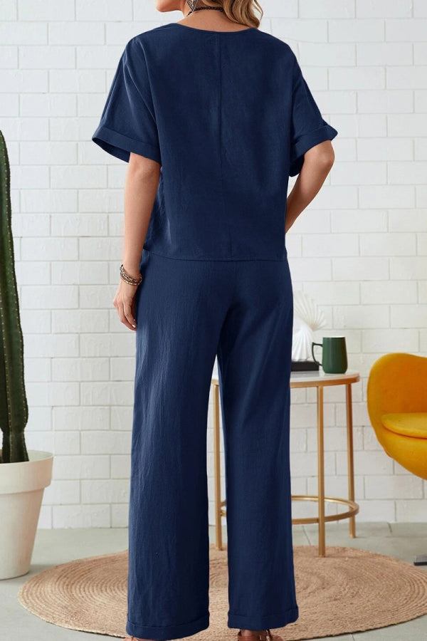 Classy &amp; Laid Back Lifestyle: Rolled Cuff Top And Patch Pocket Pants Set navy blue image 4 