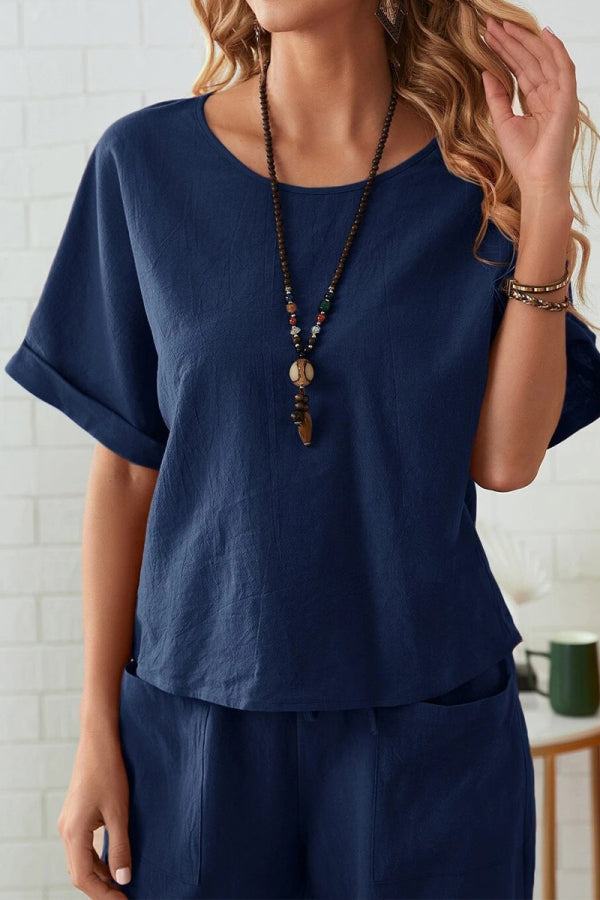 Classy &amp; Laid Back Lifestyle: Rolled Cuff Top And Patch Pocket Pants Set navy blue image 5 