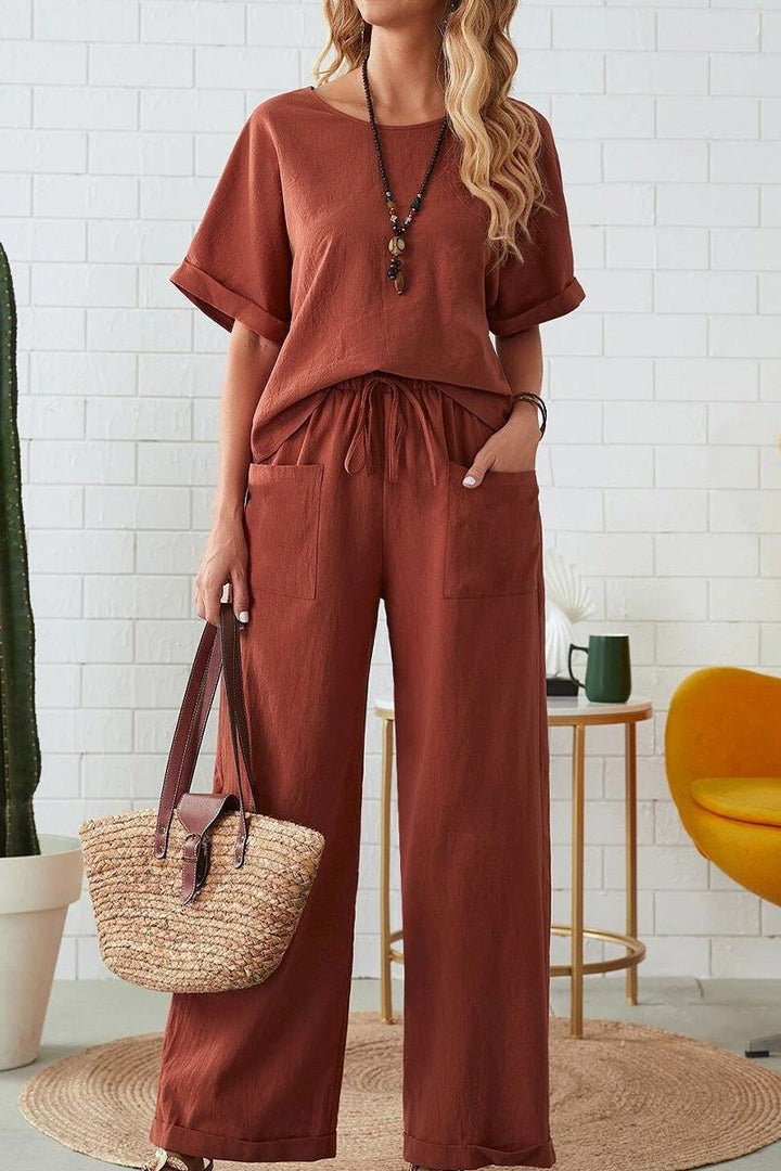 Classy &amp; Laid Back Lifestyle: Rolled Cuff Top And Patch Pocket Pants Set navy blue image 7 