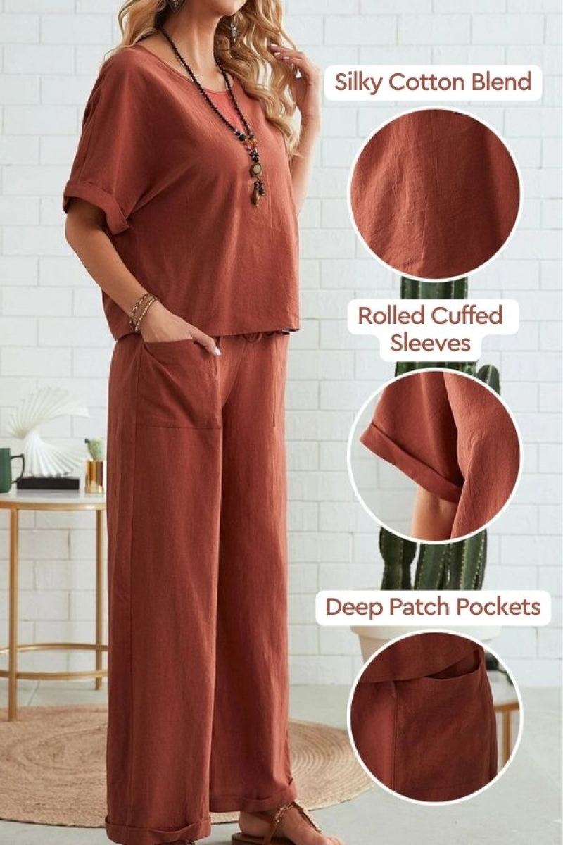 Classy &amp; Laid Back Lifestyle: Rolled Cuff Top And Patch Pocket Pants Set brick red image 2 