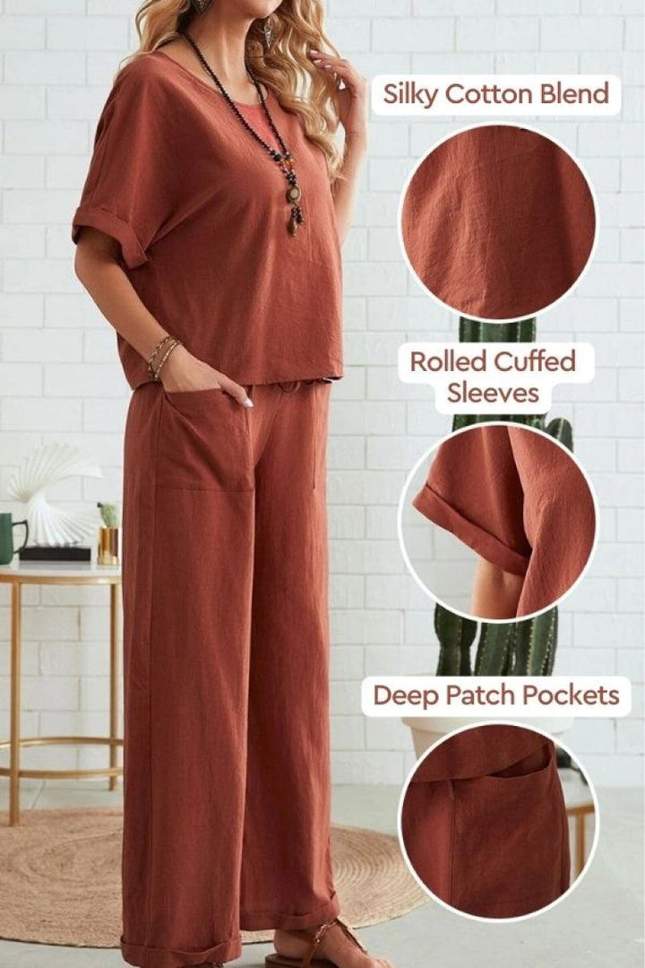 Classy &amp; Laid Back Lifestyle: Rolled Cuff Top And Patch Pocket Pants Set brick red image 2 