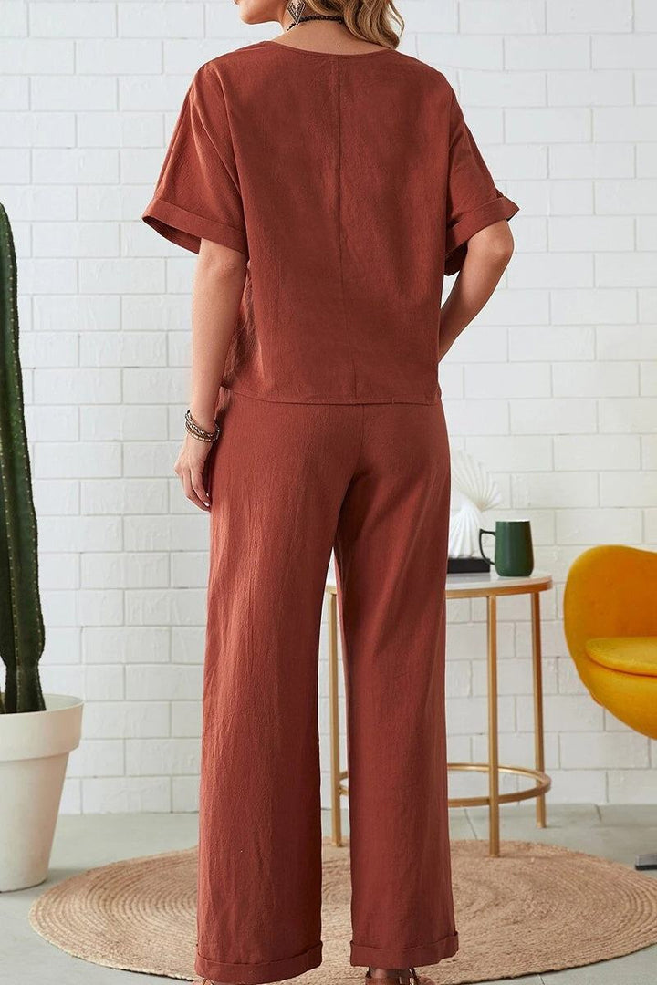 Classy &amp; Laid Back Lifestyle: Rolled Cuff Top And Patch Pocket Pants Set brick red image 3 