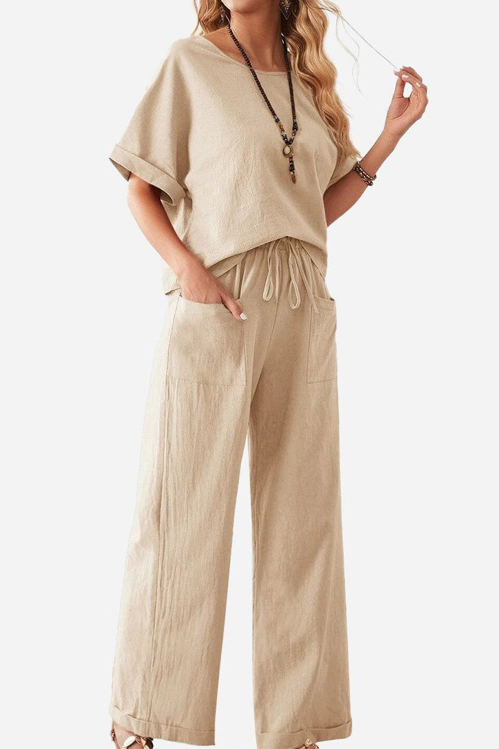 Classy &amp; Laid Back Lifestyle: Rolled Cuff Top And Patch Pocket Pants Set beige image 1 
