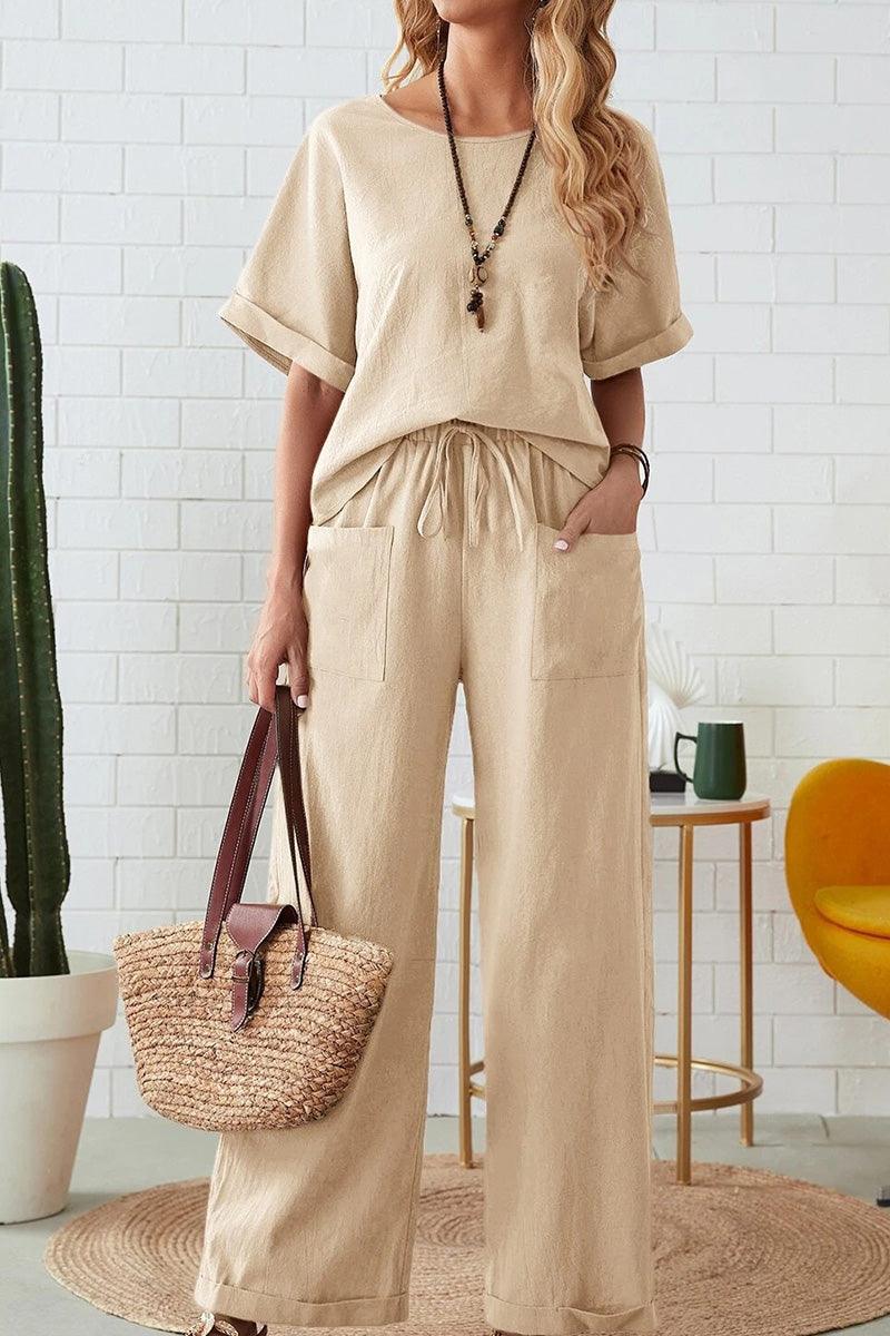 Classy &amp; Laid Back Lifestyle: Rolled Cuff Top And Patch Pocket Pants Set beige image 3 