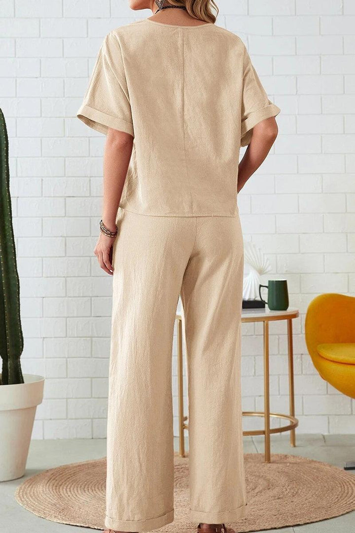 Classy &amp; Laid Back Lifestyle: Rolled Cuff Top And Patch Pocket Pants Set beige image 4 
