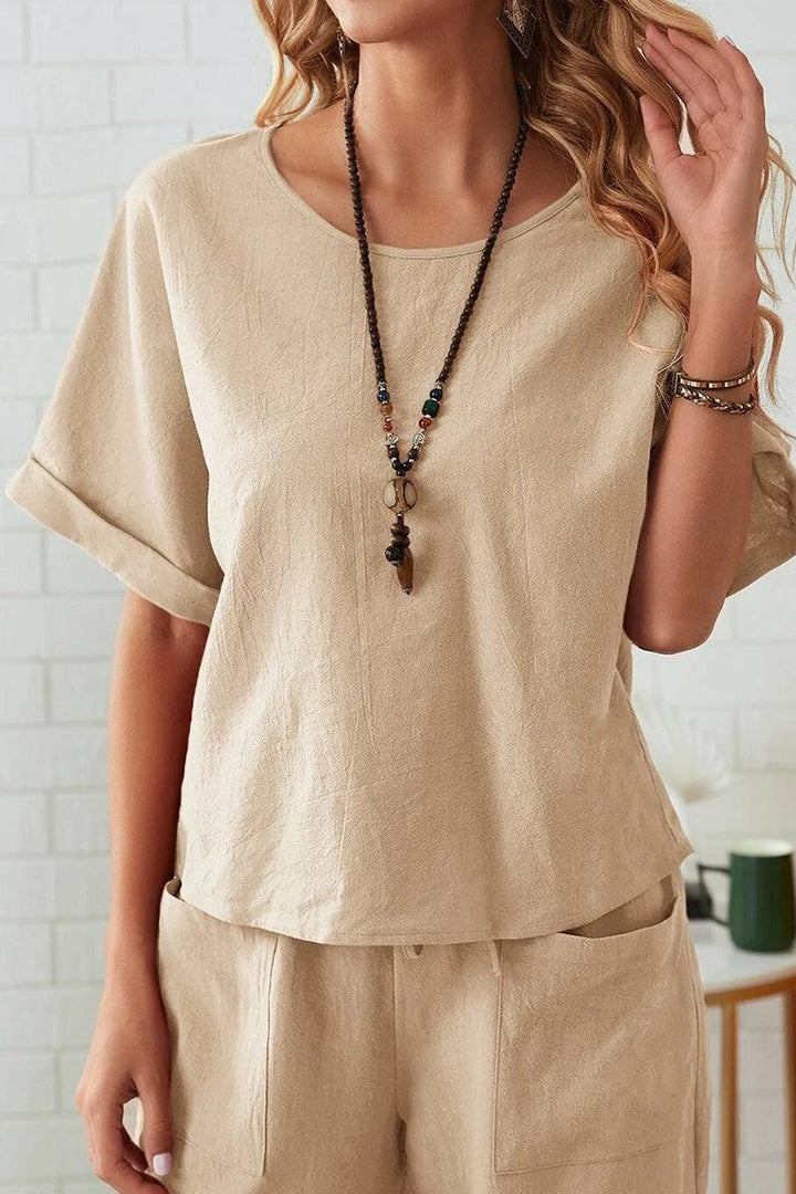 Classy &amp; Laid Back Lifestyle: Rolled Cuff Top And Patch Pocket Pants Set beige image 5 