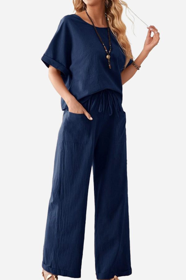 Classy &amp; Laid Back Lifestyle: Rolled Cuff Top And Patch Pocket Pants Set navy blue image 1 