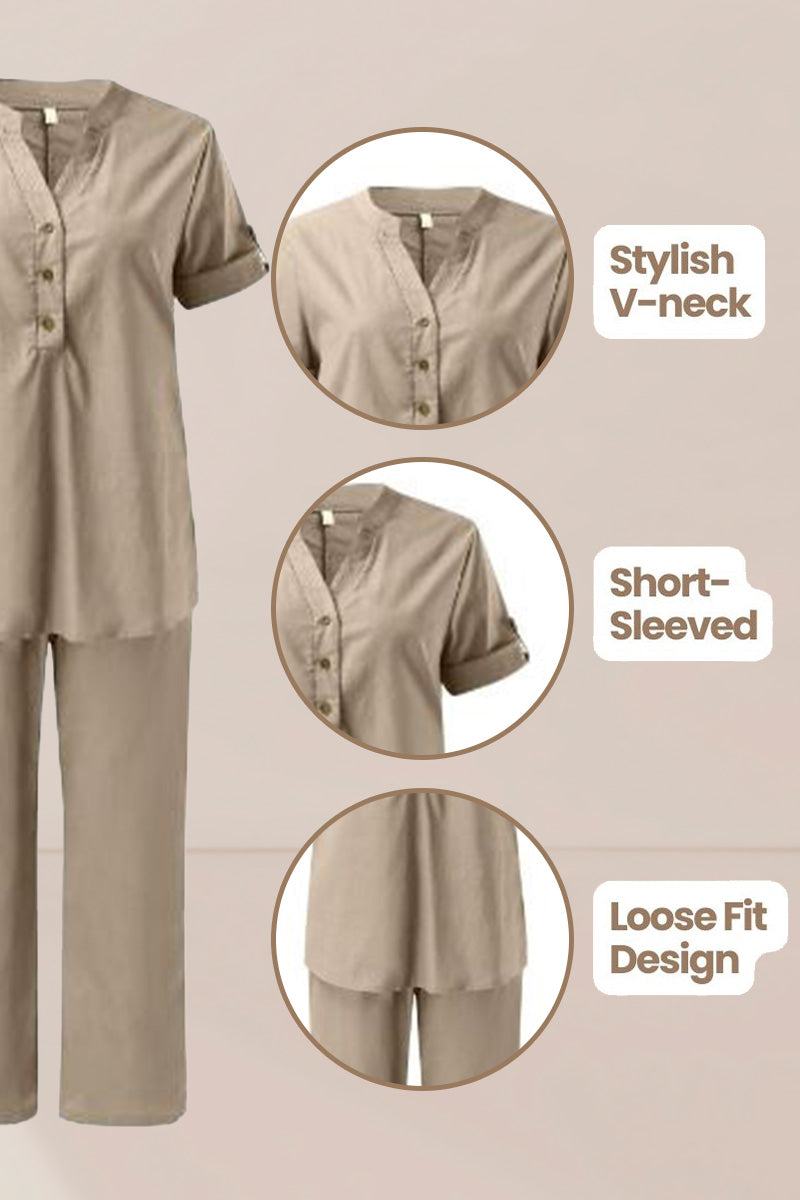 Dressed-up Casual: Short-Sleeved V-neck Top &amp; Wide Trouser Suit