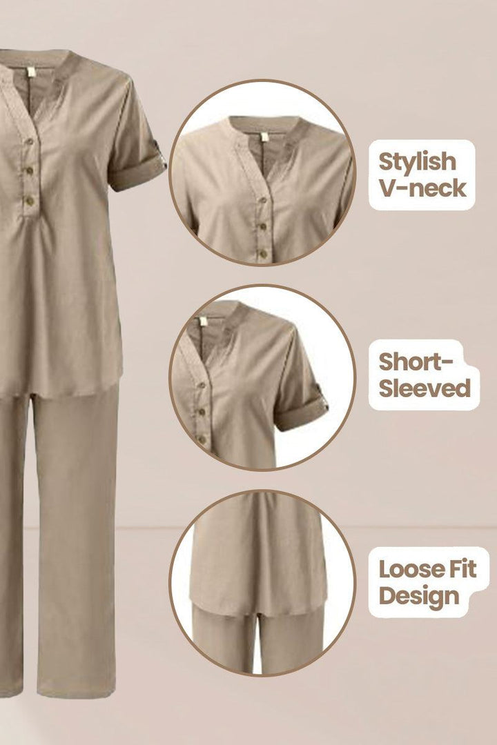 Dressed-up Casual: Short-Sleeved V-neck Top &amp; Wide Trouser Suit