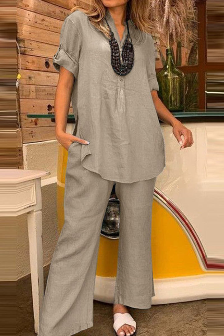 Dressed-up Casual: Short-Sleeved V-neck Top &amp; Wide Trouser Suit