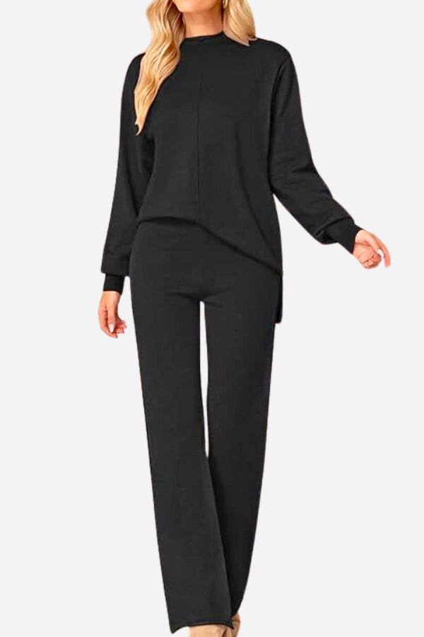 Feel Cozy but Stay in Style: High Neck Sweater Wide Leg Pant Set black image 1 