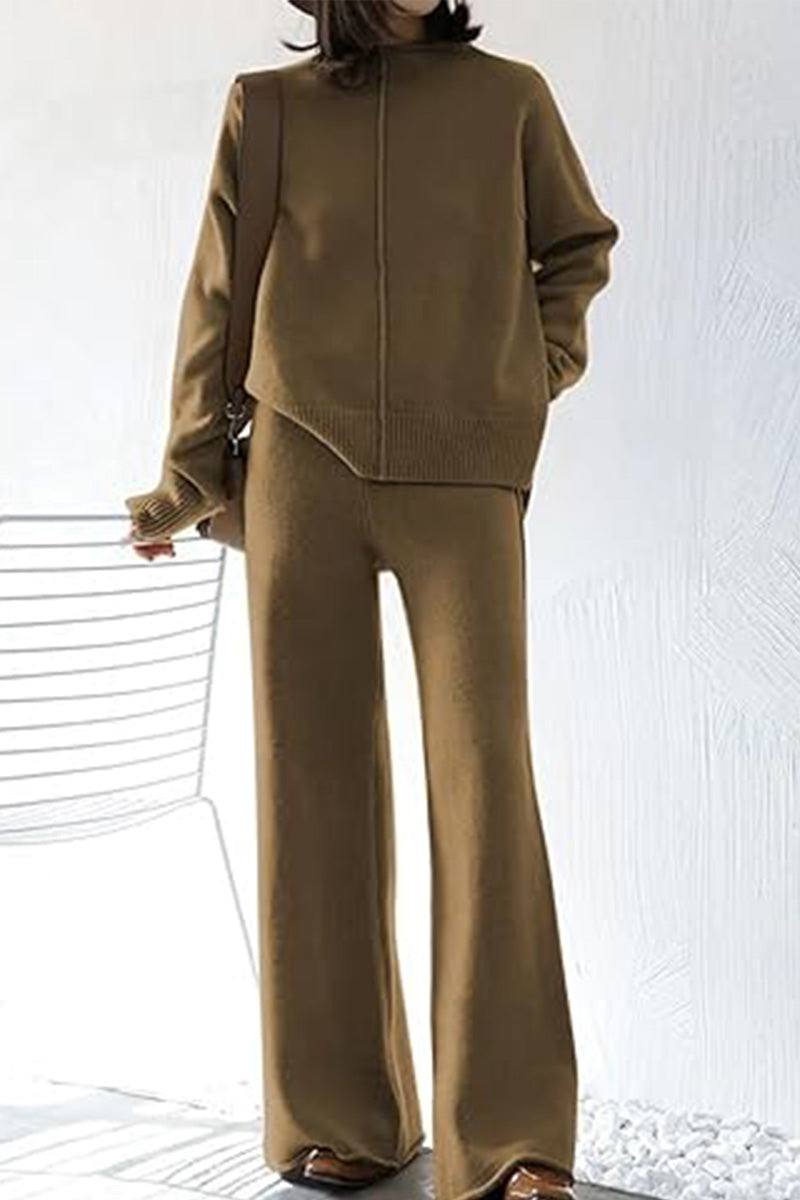 Feel Cozy but Stay in Style: High Neck Sweater Wide Leg Pant Set brown image 2 