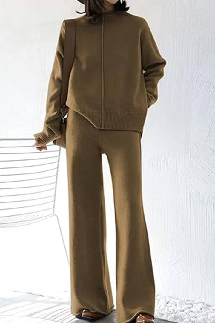 Feel Cozy but Stay in Style: High Neck Sweater Wide Leg Pant Set brown image 2 