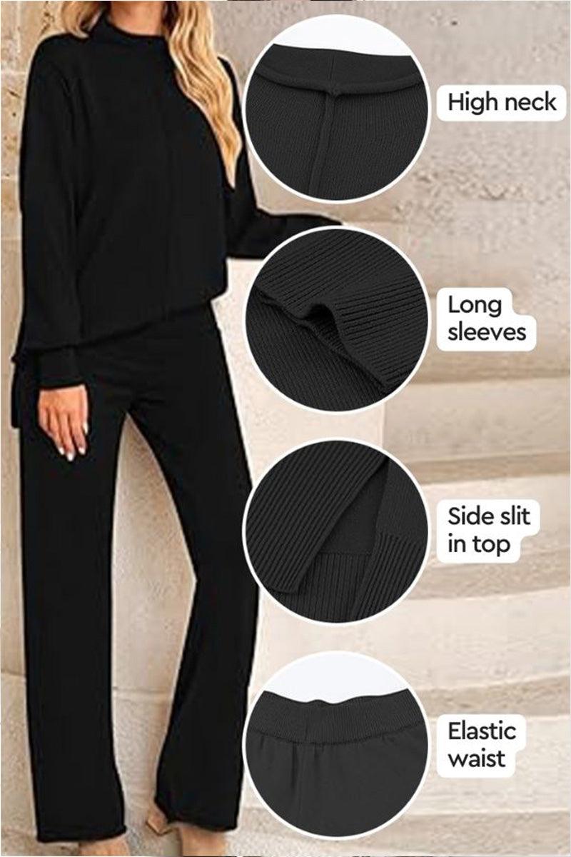 Feel Cozy but Stay in Style: High Neck Sweater Wide Leg Pant Set black image 2 