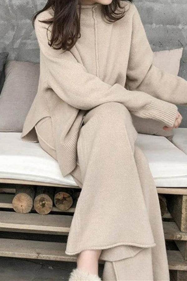 Feel Cozy but Stay in Style: High Neck Sweater Wide Leg Pant Set black image 3 