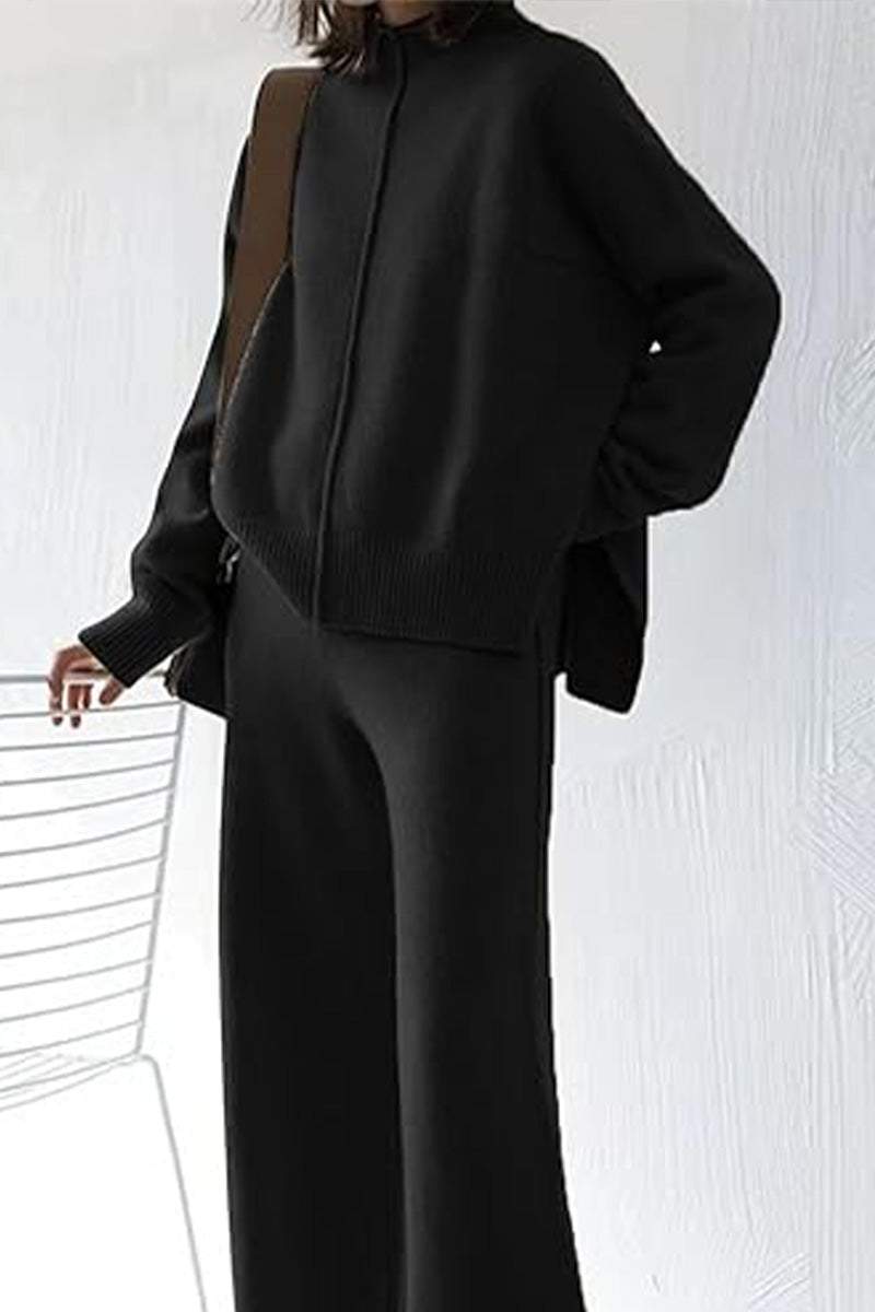 Feel Cozy but Stay in Style: High Neck Sweater Wide Leg Pant Set black image 5 