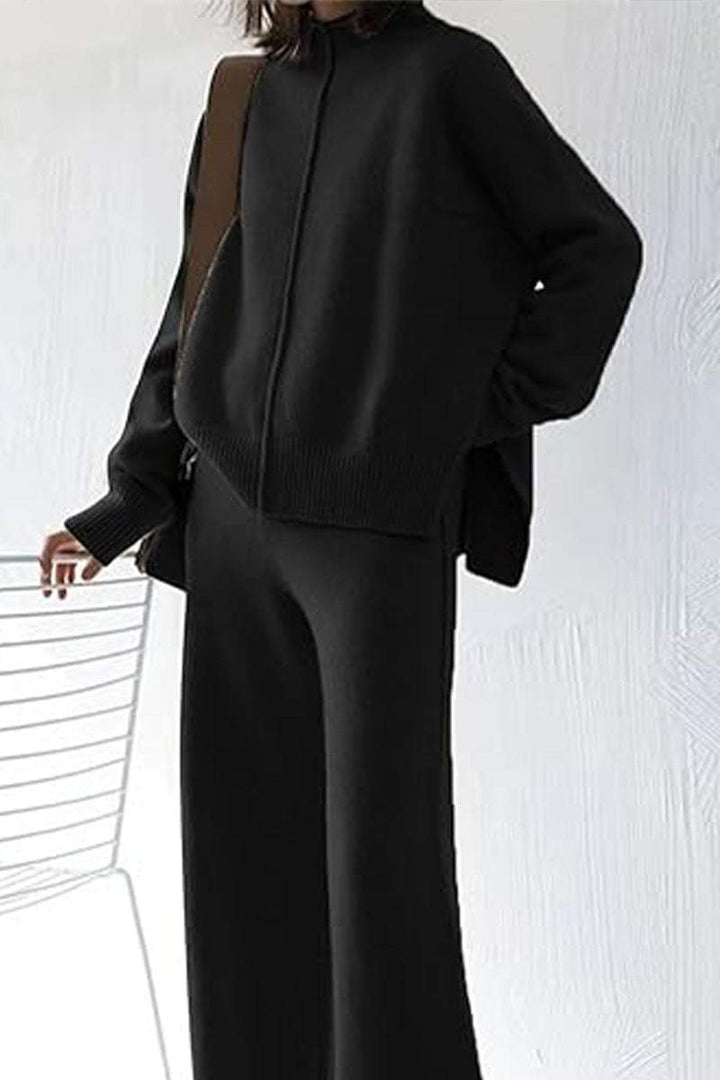 Feel Cozy but Stay in Style: High Neck Sweater Wide Leg Pant Set black image 5 