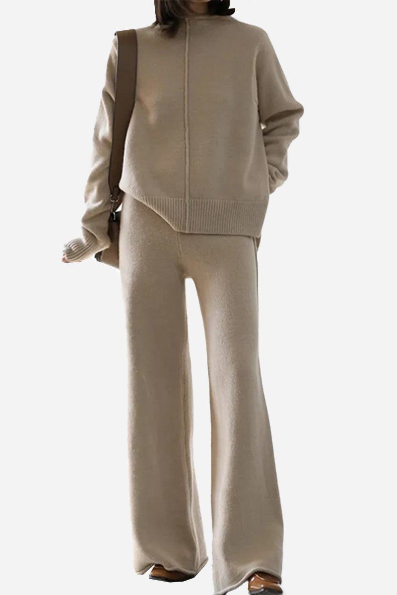 Feel Cozy but Stay in Style: High Neck Sweater Wide Leg Pant Set apricot image 1 