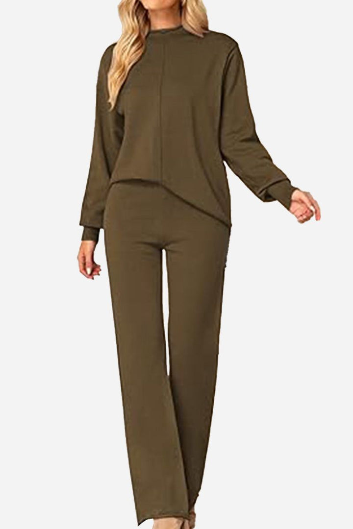 Feel Cozy but Stay in Style: High Neck Sweater Wide Leg Pant Set brown image 1 