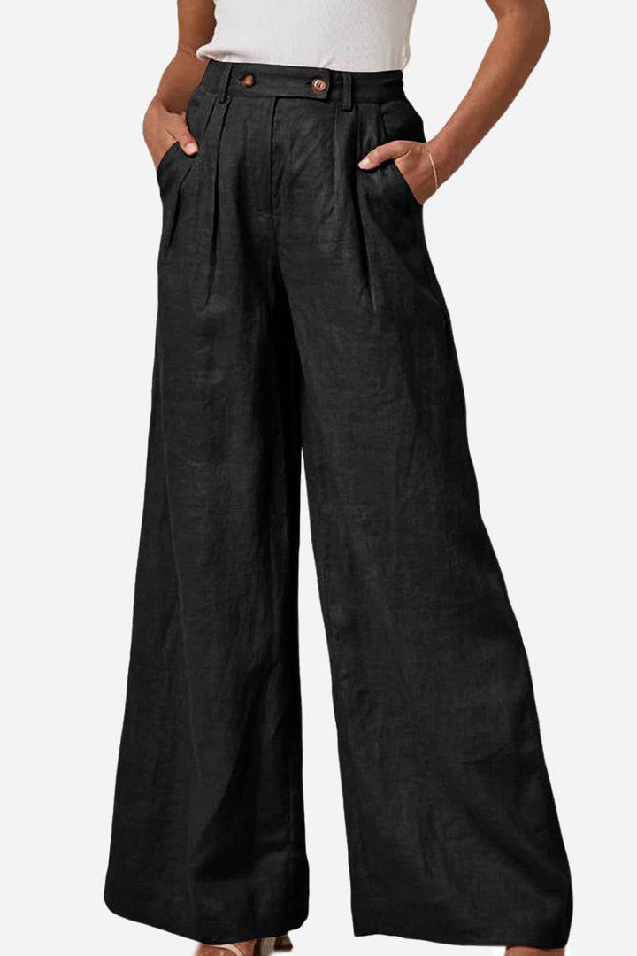 Wide Leg, High Waist, Elastic Waist Trousers With Pockets black image 1 