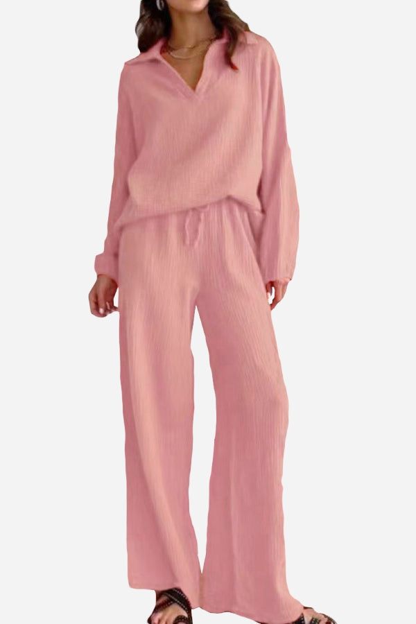 100% Cotton Collared Two-piece Set With Bishop Sleeves pink image 1 