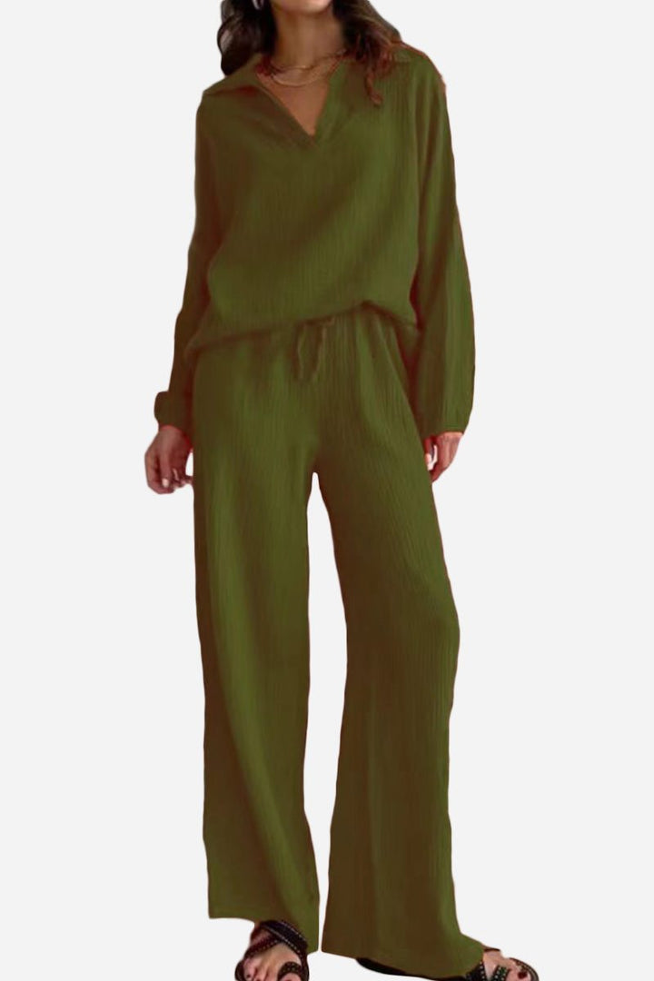 100% Cotton Collared Two-piece Set With Bishop Sleeves army green image 1 