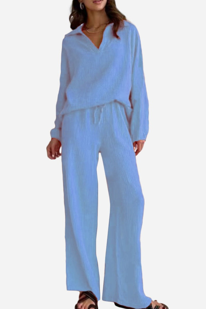 100% Cotton Collared Two-piece Set With Bishop Sleeves light blue image 1 